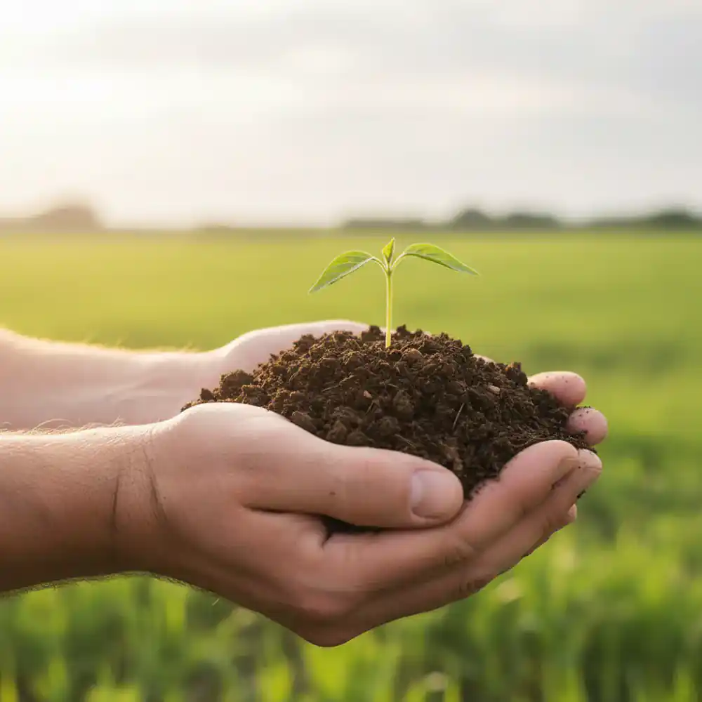 Farmer's hands carefully holding fresh soil and a seedling
