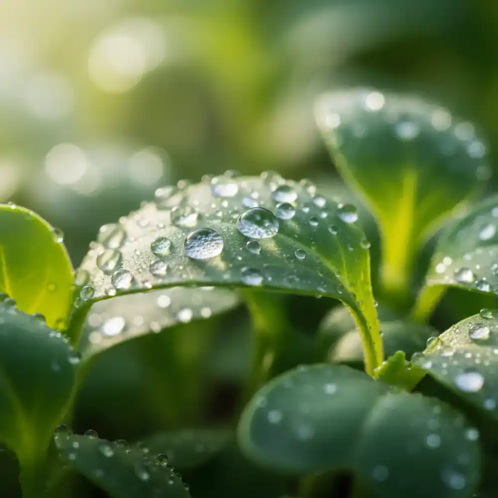 Close-up of clean water droplets on a healthy microgreen leaf